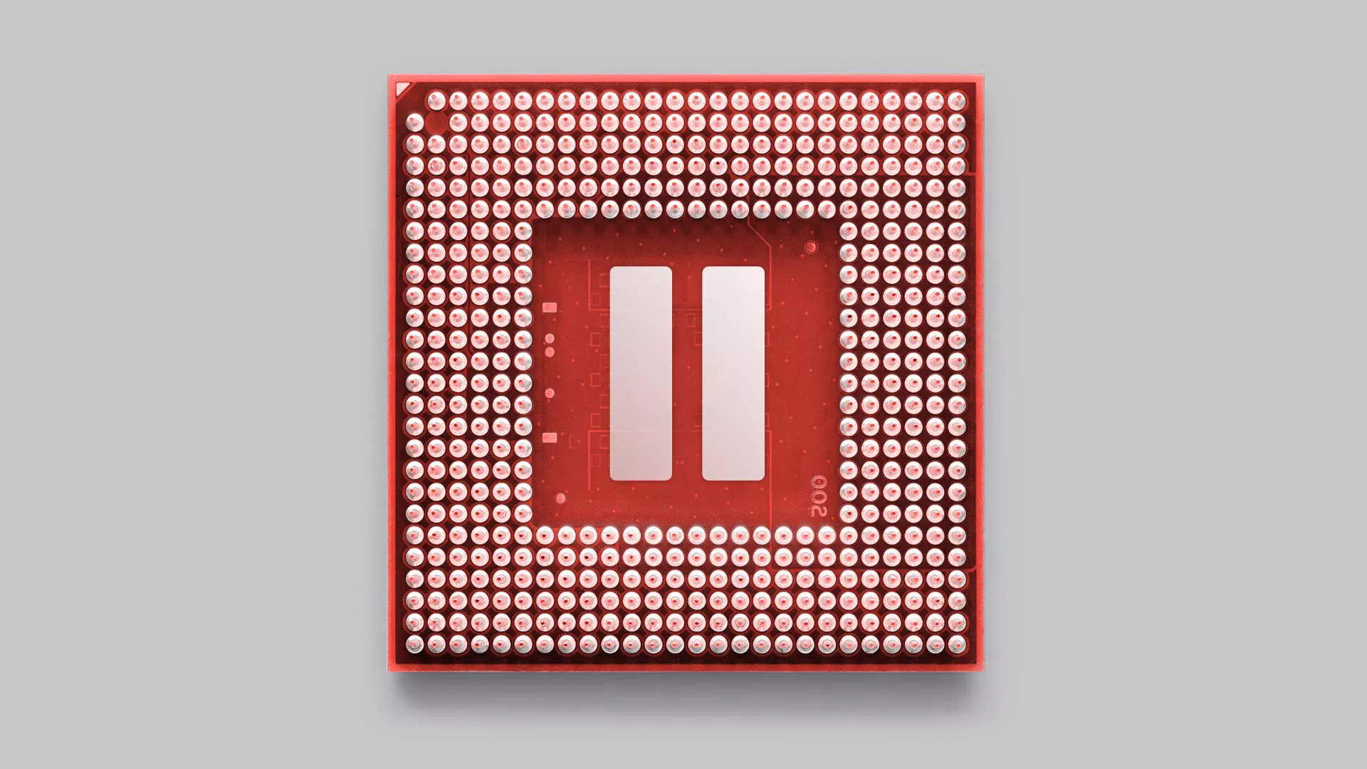Illustration of a computer chip with a pause button in the center.  