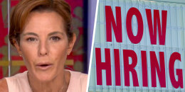 A split composite of Stephanie Ruhle and a NOW HIRING sign.